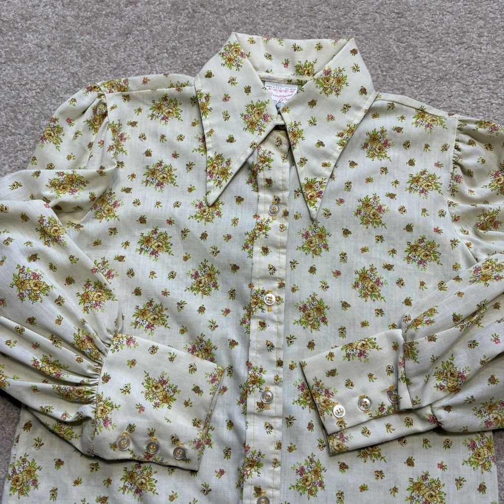 Vtg 70s Western Shirt Womens Small Floral Puff Sleeve Button Up USA Cottagecore